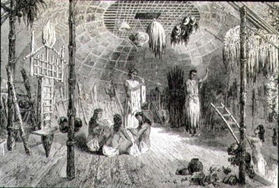 Interieur van een Indiaanse hut in de jaren 1860 door French School