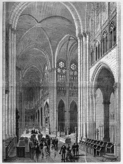 Interieur van de Basiliek Saint Denis (Saint Denis) gerestaureerd volgens de plannen van Eugene Viollet-le-Duc (Viollet le Duc) (1814-1879). Gravure in 