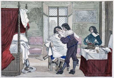 Interieur van het huis van een barbier in de 17e eeuw - in "Parijs door de eeuwen heen" door French School