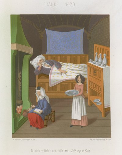 Interieur scène met een man in bed terwijl twee vrouwen eten bereiden door French School