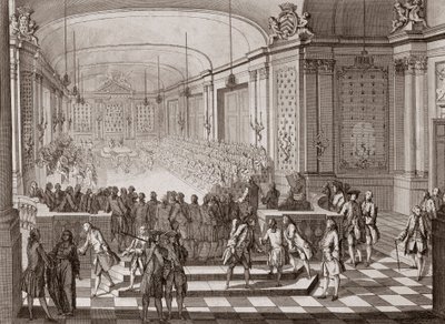 Interieur van de Jacobijnenhal, in Nantes, tijdens de vergadering van de Verenigde Staten van Bretagne in 1764. door French School
