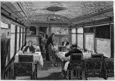 Interieur van de eetkamer van de Oriënt-Express in 1884. door French School