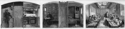 Interieur van de medische wagon en de refterwagon van een medische trein van de Franse Société de secours aux blessés militaires. Gravure in 