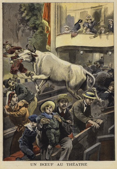 Onderbreking van een theateruitvoering door een os, Villefranche-de-Lauragais, Frankrijk, 1897 door French School