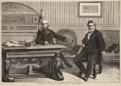 Interview tussen graaf Bismarck en M. Jules Favre, september 1870, illustratie uit Cassells Geschiedenis van de Oorlog tussen Frankrijk en Duitsland, 1870-1871 door French School