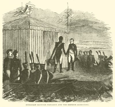 Ontmoeting tussen Napoleon en keizer Alexander (gravure) door French School