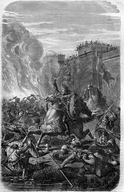 Invasie en plundering van Rome door Alarik I, koning van de Visigoten in 410. Gravure in 