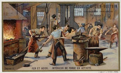 IJzer en staal. Interieur van een drukke smederij door French School