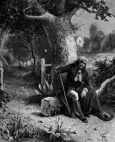 Isaac Newton (1642-1727), Engelse wiskundige en astronoom, ontdekte het begrip zwaartekracht door een appel die van een appelboom in Woolsthorpe viel door French School