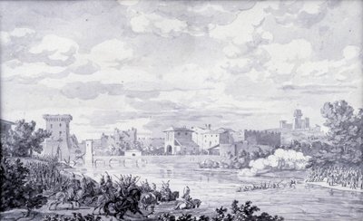 Italiaanse platteland: het Franse leger stak de rivier de Mincio over naar Borghetto in 1796 door French School