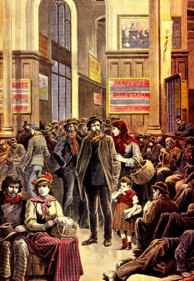 Italiaanse emigranten in Parijs in het Gare Saint Lazare treinstation in maart 1896 (gravure) door French School