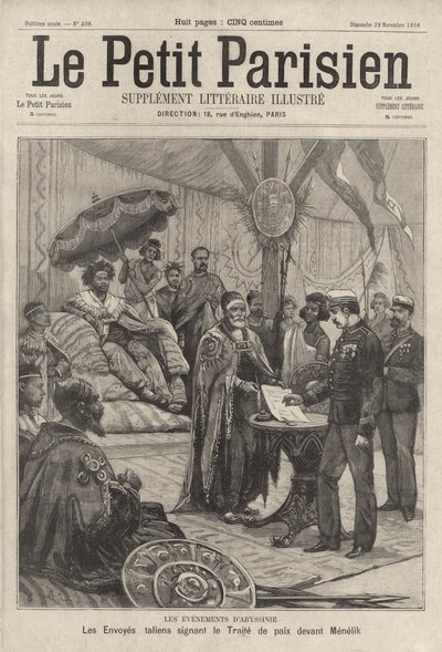 Italiaanse gezanten ondertekenen het vredesverdrag om een einde te maken aan de Eerste Italiaans-Ethiopische Oorlog voor Keizer Menelik II van Ethiopië door French School