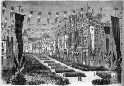 Italiaanse eenwording, Turijn, 2 april 1860: decoratie van het kasteelplein (Piazza Castello) ter gelegenheid van de opening van het Italiaanse parlement. Gravure in 