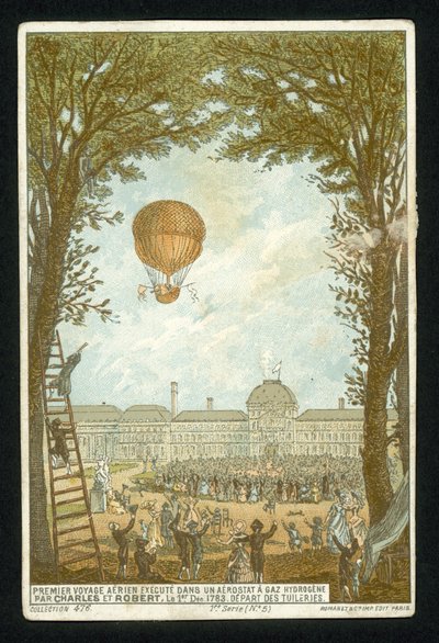 Jacques Charles en Marie-Noel Robert maken de eerste opstijging in een waterstofballon, Parijs, 1 december 1783 door French School