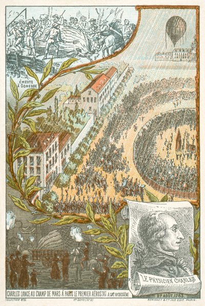 Jacques Charles lanceert de eerste waterstofballon vanaf het Champ de Mars, Parijs, 27 augustus door French School