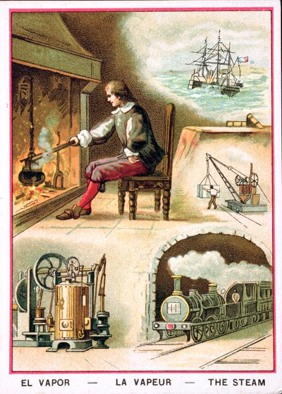 James Watt en verschillende toepassingen van stoom door French School