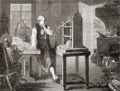 James Watt in zijn werkplaats in Glasgow, verbeterend aan Thomas Newcomen