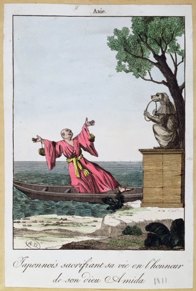 Japanse man offert zijn leven op ter ere van de god Amida, 1811 door French School