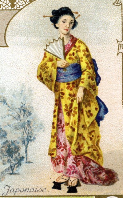Japanse vrouw. Serie van 25 reclamechromos voor de Dijon fabriek van Biscuits Pernot, eind 19e eeuw. Detail van de personages in traditionele klederdracht door French School