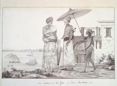 Inwoners van Java op weg naar Surabaya, Illustratie uit Reis rond de wereld door Louis Isidore Duperrey, door L F Lejeune door French School