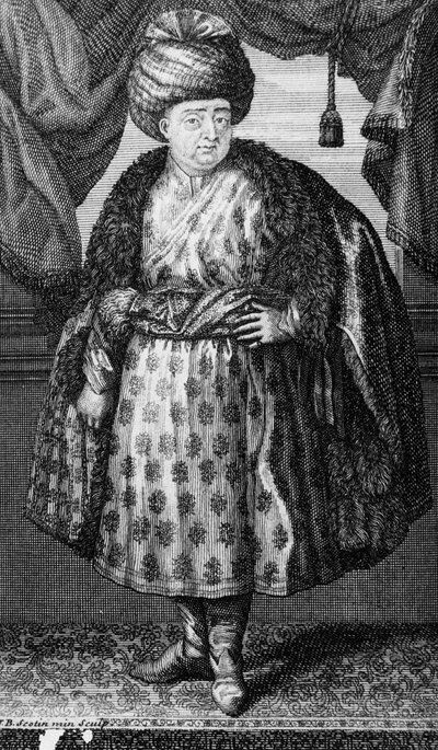 Jean-Baptiste Tavernier, print gemaakt door J.B. Scotin, frontispice voor The Six Voyages of Jean-Baptiste Tavernier door Jean-Baptiste Tavernier, gepubliceerd 1713 door French School