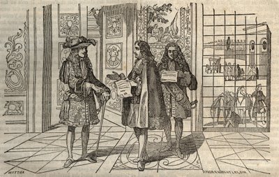 Jean Baptiste Colbert (Jean-Baptiste) (1619-1683) in een vergadering met koning Lodewijk XIV en Francois Louvois (1641-1691) in Versailles - gravure naar Leclerc - door French School