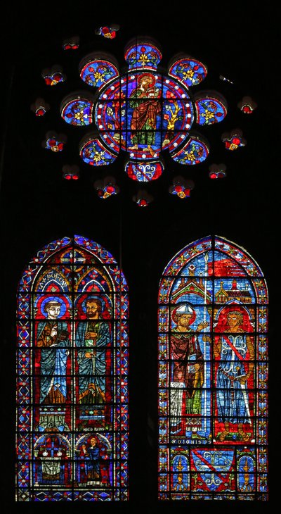 Jean Clement ontvangt het vaandel van St. Denis; St. Nicaise en een andere heilige door French School