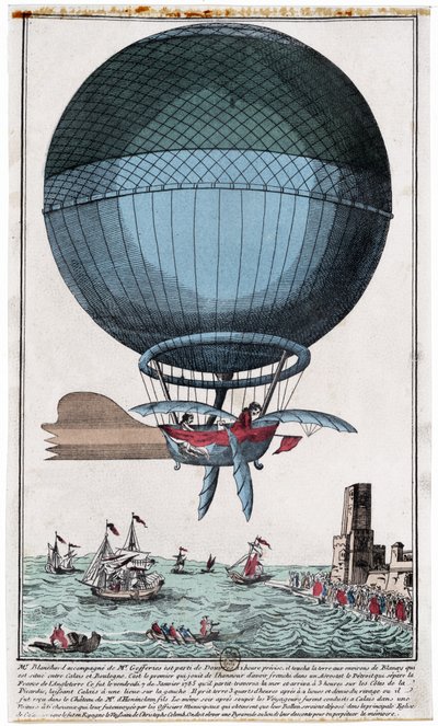 Jean Pierre Blanchard (1753 - 1809) en John Jefferies (1745 - 1819) arriveren in Calais na het oversteken van het Engelse Kanaal in een heteluchtballon op 7 januari door French School