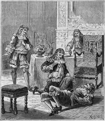 Jean de SANTEUL (Santeuil) (1630-1697) vergiftigd met een glas wijn waarin tabak uit Spanje was gedaan - Gravure in "Wetenschappen beschikbaar voor iedereen - natuurkunde en chemie" door Alexis Clerc - Eind 19e eeuw - Privécollectie door French School