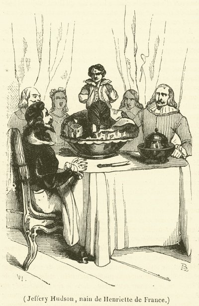 Jeffery Hudson, dwerg van Henriette van Frankrijk (gravure) door French School