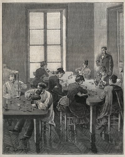 Juwelierswerkplaats in Parijs in de 19e eeuw. Gravure uit 1885 in Les arts et métiers illustrés door Adolphe Bitard. door French School