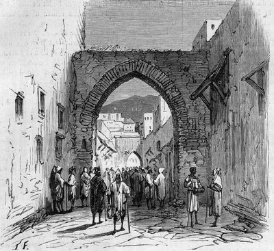 Joodse bevolking van Tetouan (Tetuan) in Marokko: uitzicht op de poort van de Joodse wijk door French School