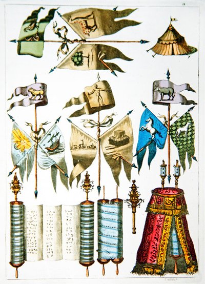 Joodse symbolen, vlaggen en Torah door French School