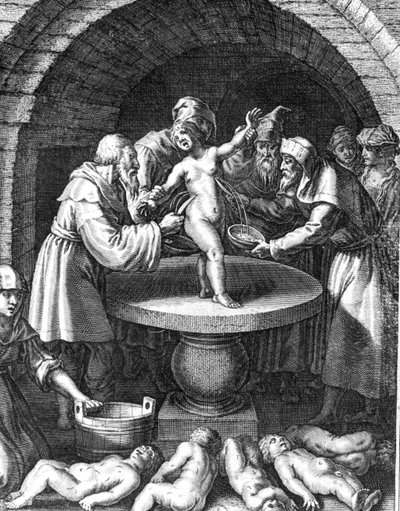 Joden offeren een christelijk kind in Frankrijk in 1180 door French School