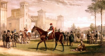 Jockey op zijn paard op de paddock bij de Longchamps renbaan door French School