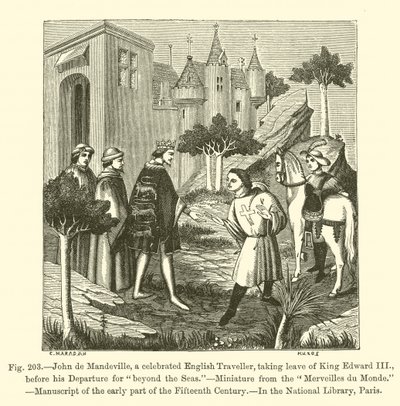 John de Mandeville, een beroemde Engelse reiziger, neemt afscheid van koning Edward III voor zijn vertrek naar 
