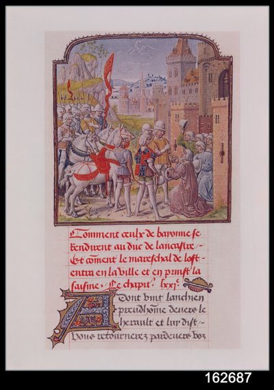 Jan van Gent ontvangen door de burgers van Bayonne bij de stadspoorten, uit Froissarts Kroniek, eind 15e eeuw door French School