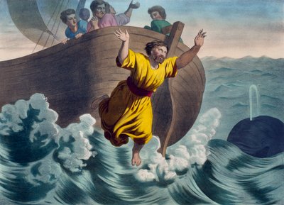 Jona in de zee geworpen, illustratie uit een catechismus L