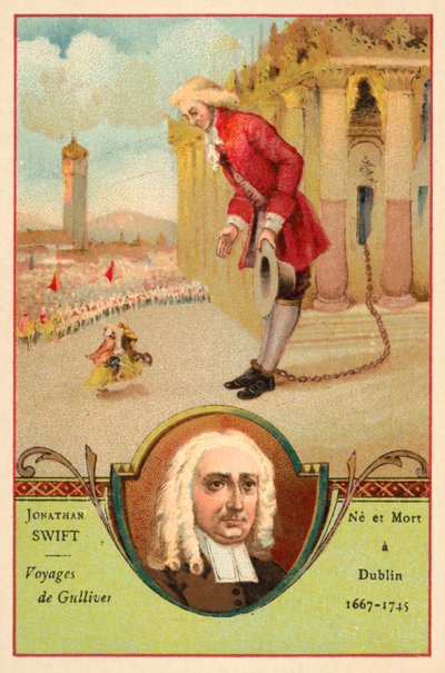 Jonathan Swift, Ierse auteur, en een scène uit zijn roman Gulliver