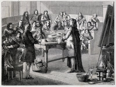 Joseph Black (1728 - 1799), Britse chemicus en natuurkundige, ervaart de latente warmte voor de studenten van de Universiteit van Glasgow door French School
