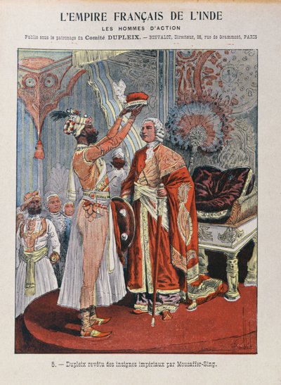Joseph Francois Dupleix (1697-1763) ontvangt de keizerlijke insignes van een Indiase heerser, omslag van schoolschrift c.1900 door French School