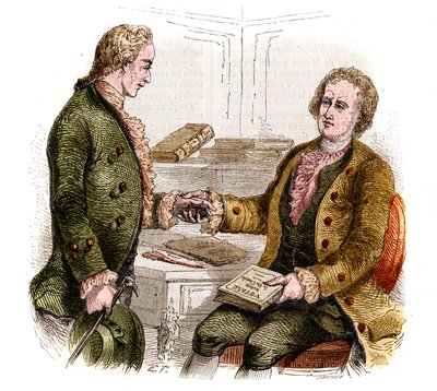 Joseph de Maistre (1753-1821), Franse politicus, schrijver en filosoof, en graaf Xavier de Maistre (1763-1852), Franse officier en schrijver met het eerste exemplaar van 