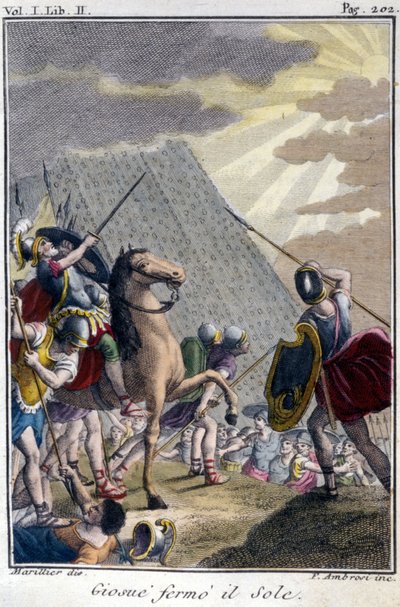 Joshua stopt de race van de Zon, gravure naar een Franse editie van La Bible gepresenteerd door De Sacy. Parijs door French School
