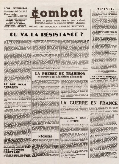 Journal COMBAT - nummer 54 - februari 1944 - orgaan van de verenigde verzetsbewegingen. (clandestiene krant) - Waar zal het verzet heen gaan door French School