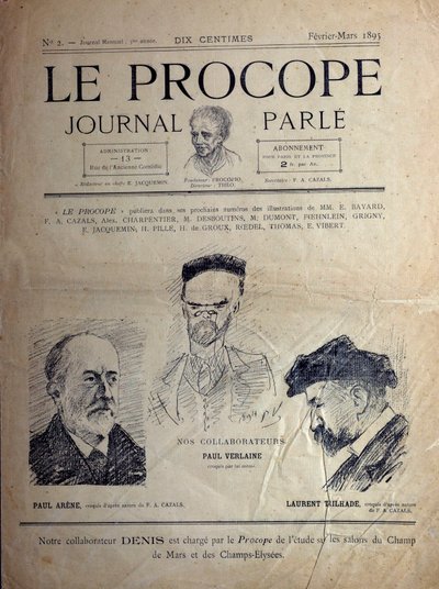 Journal du Proope, Parijs café, februari 1895: portretten van Franse dichters Paul Verlaine, Paul Arene en Laurent Tailhade. door French School