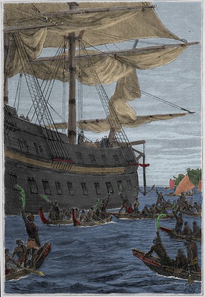 Reis van Samuel Wallis (1728-1795) naar Polynesië: inheemse mensen met bananentakken in de hand als welkomstgroet - illustratie uit 