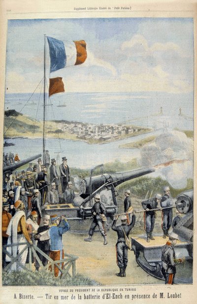 Reis van de president van de republiek naar Tunesië: naar Bizerte, schieten op zee vanaf de batterij van El-Ench in aanwezigheid van de heer Loubet - in "Le Peute Parisien" van 03/05/1903 door French School