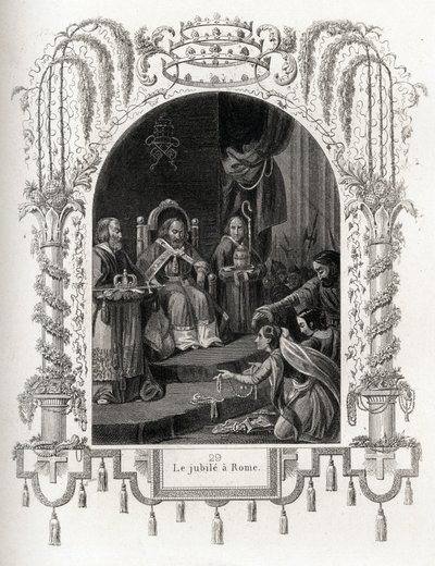Jubileum in Rome in 1450, tijdens het pontificaat van Nicolaas V (1447-1455). Gravure ter illustratie van Geschiedenis van de pausen door Maurice Lachatre (1814-1900), librairie du progres, Parijs. door French School