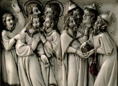 Judas ontvangt dertig zilverstukken, detail van ivoren diptiek, Frans door French School