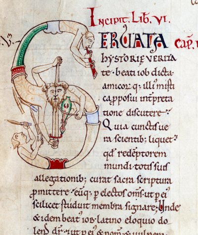 Goochelaars en muzikanten - lettrine S (initiaal). Miniatuur uit het manuscript "Moralia in Job", Morales sur Job door Saint Gregoire, van de abdij van Citeaux door French School